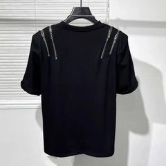 Threebooy Mens Dark Style Hollow Multi-Zipper Splicing T-Shirt 2024 New Genderless Youth Streetwear Personality Irregular Top Unisex