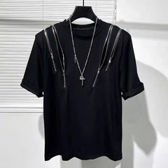 Threebooy Mens Dark Style Hollow Multi-Zipper Splicing T-Shirt 2024 New Genderless Youth Streetwear Personality Irregular Top Unisex