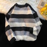Threebooy Patchwork Stripe Sweater Male Knit Autumn Korean Style Couple Loose Round Neck Sweater Knitwear 2024 New Men's Clothing Jumper