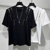Threebooy Mens Dark Style Hollow Multi-Zipper Splicing T-Shirt 2024 New Genderless Youth Streetwear Personality Irregular Top Unisex