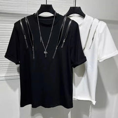 Threebooy Mens Dark Style Hollow Multi-Zipper Splicing T-Shirt 2024 New Genderless Youth Streetwear Personality Irregular Top Unisex