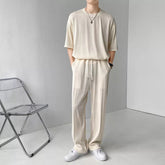 Threebooy Summer Pleated Sets Men Fashion Casual Short Sleeve T-Shirt/Trousers Two Piece Set Mens Korean Loose Mens Short Ice Silk Sets