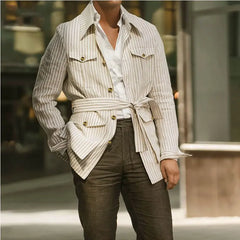 Threebooy Spring Clothing Men's Light Luxury Long Sleeve Striped Pocket Shirt Casual Streetwear Button-down Shirt with Belt S-5XL 2025 New