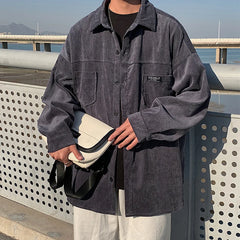 Threebooy HIP HOP Rocking k Corduroy Men Shirts For Men Clothing Harajuku Black Shirt Korean Style Men Shirt Long Sleeve Vintage Clothes