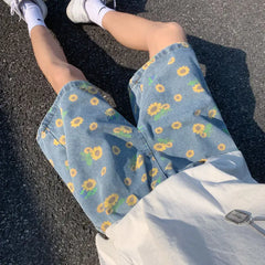 Threebooy Summer Cotton Denim Shorts Men's Fashion Casual Flowers Denim Shorts Men Streetwear Korean Loose Drawstring Denim Shorts Mens