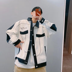 Threebooy autumn high street new loose blue and white color matching bright line work jacket men's ins winter jackets