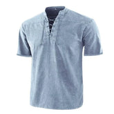 Threebooy T Shirt Men Stand Collar Front Lace Up Short Sleeve V Neck Slim T Shirt Streetwear for Daily Wear Solid Retro Casual Tops Tees