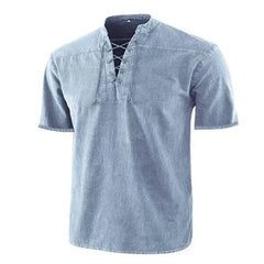 Threebooy T Shirt Men Stand Collar Front Lace Up Short Sleeve V Neck Slim T Shirt Streetwear for Daily Wear Solid Retro Casual Tops Tees