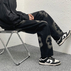 Threebooy Men's Loose Wide Leg Pants Baggy Homme Casual Pants Classic Cargo Pocket Jeans Black Color Biker Denim Trousers M-3XL