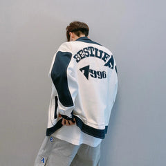 Threebooy autumn high street new loose blue and white color matching bright line work jacket men's ins winter jackets