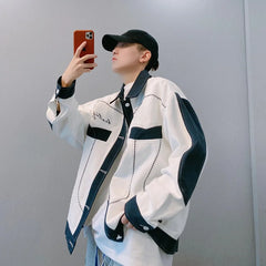 Threebooy autumn high street new loose blue and white color matching bright line work jacket men's ins winter jackets