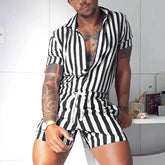 Threebooy Men's Striped Romper Shorts Fashion Casual Playsuit Short Sleeve Button-down Shorts Lapel Jumpsuit Drawstring Streetwear S-3XL