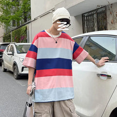 Threebooy Summer Men's Casual Fashion Trend T Shirt Wide Stripe Printing Tshirt Round Neck Short Sleeve Clothes T-shirt Size M-5XL