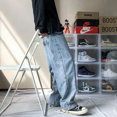 Threebooy Men's New Loose Black/blue Straight Pants Solid Color Casual Pants Baggy Homme Cargo Pocket Jeans Biker Denim Trousers