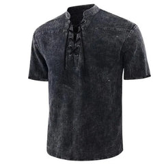 Threebooy T Shirt Men Stand Collar Front Lace Up Short Sleeve V Neck Slim T Shirt Streetwear for Daily Wear Solid Retro Casual Tops Tees