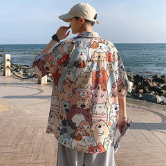 Threebooy Beach shirt men's short sleeve loose size niche design ice silk shirt camisa masculina