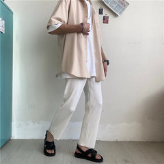 Threebooy Pleated Pants Men Summer Straight Casual Pants Men Japanese Streetwear Loose Ice Silk Pants Mens Wide Leg Pants Man Trousers