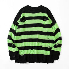 Threebooy Black Stripe Sweaters Destroyed Ripped Sweater Men Pullover Hole Knit Jumpers Men Oversized Sweatshirt Harajuku Long Sleeve Tops