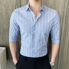 Threebooy Summer Korea Style Handsome Fashion Mens Shirts Button Down Slim Fit Half Sleeve Striped Shirts 4XL 5XL
