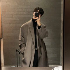 Threebooy Winter Men Thick Woolen Dust Coats Korean Style Streetwear Male Loose Solid Color Warm Trenchcoat High Quality Men's Windbreak