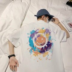 Threebooy Summer Men's Colorful Printing T Shirt Loose Top Short Sleeve T-shirt Streetwear Round Neck Clothes White/black Tshirt