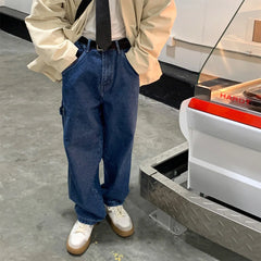 Threebooy Men's Washed Loose Straight Pants Baggy Homme Jeans Classic Cargo Pocket Blue Color Casual Pants Biker Denim Trousers