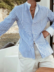 Threebooy Men's Hawaiian Patchwork Striped Long Sleeve Shirts Fashion Casual Stand Collar Vacation Quick Dry Streetwear Leisure Blouse