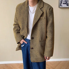 Threebooy Men's Fashion Trend Loose Blazers Pad Shoulder High Quality Fabric Suit Jackets Formal Retro Coats Oversized Outerwear