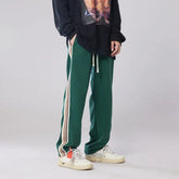 Threebooy Men's Striped Webbing Casual Pants Hip Hop Style Thicken Plush Trousers Fashion Green/black Color Jogger Sweatpants M-2XL