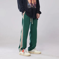 Threebooy Men's Striped Webbing Casual Pants Hip Hop Style Thicken Plush Trousers Fashion Green/black Color Jogger Sweatpants M-2XL