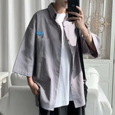 Threebooy Men's Shirts Long Sleeve Solid Color Casual Soft Chinese Style Stand Collar men Shirt Male Loose Hiphop Short Sleeve Shirt