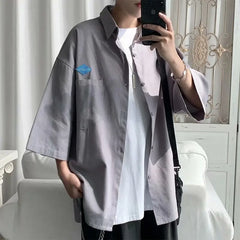 Threebooy Men's Shirts Long Sleeve Solid Color Casual Soft Chinese Style Stand Collar men Shirt Male Loose Hiphop Short Sleeve Shirt