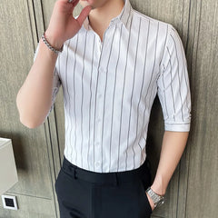 Threebooy Summer Korea Style Handsome Fashion Mens Shirts Button Down Slim Fit Half Sleeve Striped Shirts 4XL 5XL
