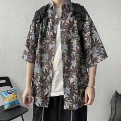 Threebooy Rocking k shirt men's fashion brand inspi handsome loose short sleeve shirt Korean fashion casual summer thin Maple leaf