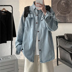 Threebooy Men's Simple Denim Shirt Loose New Style Long Sleeves Shirt Chic Clothes Blue Color Coats Loose Camisa Masculina M-2XL