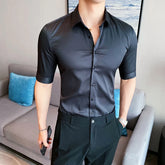 Threebooy Korean Fashion Solid Colors Summer Half Sleeve Design Slim Fit Button Down Casual Shirts