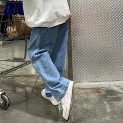 Threebooy Men's Washed Loose Straight Pants Baggy Homme Jeans Classic Cargo Pocket Blue Color Casual Pants Biker Denim Trousers