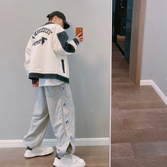 Threebooy autumn high street new loose blue and white color matching bright line work jacket men's ins winter jackets