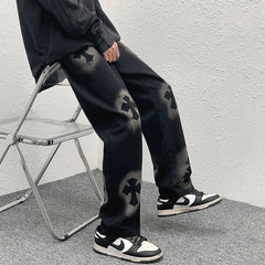Threebooy Men's Loose Wide Leg Pants Baggy Homme Casual Pants Classic Cargo Pocket Jeans Black Color Biker Denim Trousers M-3XL
