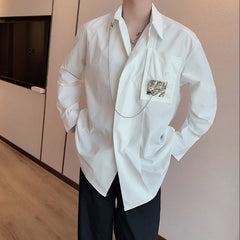 Threebooy Men's Long Sleeve High-quality Shirts Metal Decorative Chain Shirts White Color Camisa Masculina Clothes Lapel Collar Shirt