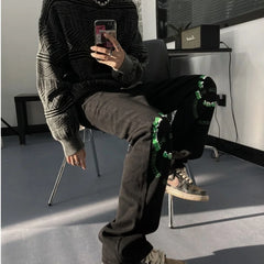 Threebooy Black vertical jeans men's autumn American high street style contrast letter printing casual wide leg pants streetwear Sale