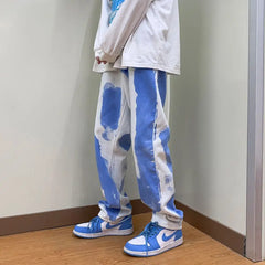 Threebooy Men's Dyed Color Print Loose Straight Pants Baggy Homme Casual Pants Classic Cargo Pocket Jeans Biker Denim Trousers M-2XL