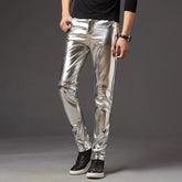 Threebooy Mens Skinny Shiny Gold Silver Black Pu Leather Pants Motorcycle Men Nightclub Stage Pants for Singers Dancers Casual Trousers