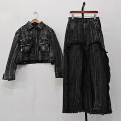 Threebooy Men's Black Denim 2-Piece Set High Streetwear