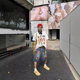 90s streetwear American Retro Creative French Fries Hot Dog Towel Embroidered Denim Shorts Men's and Women's High Street Straight Loose Wide-Leg Shorts