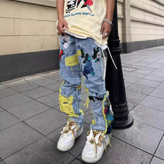 drip outfit men High Street American Contrast Color Patch Bird Plum Embroidery Worn Niche Jeans Men's and Women's Same Loose Trousers