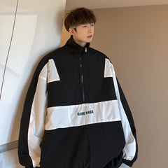 mens fashion Autumn New Men's Contrast Color Stitching Half Zipper Loose Jacket Jacket