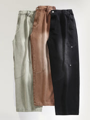 Threebooy Men's Straight Wide-Leg Jeans Korean Fashion Elastic Waist Washed Denim Pants Street Casual Baggy Jeans