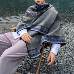 Threebooy Mens Shawl Totem Ethnic Style Imitation Cashmere Acrylic Scarf Fashion Streetwear Elegant Versatile Cloak Scarf Unisex