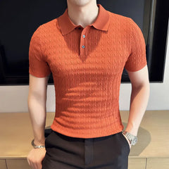 Threebooy Stretch Slim Polo Shirts Summer Solid Color Casual Lapel Short Sleeve Plaid T-Shirt Brand Men's Clothing Knit Polo Shirts